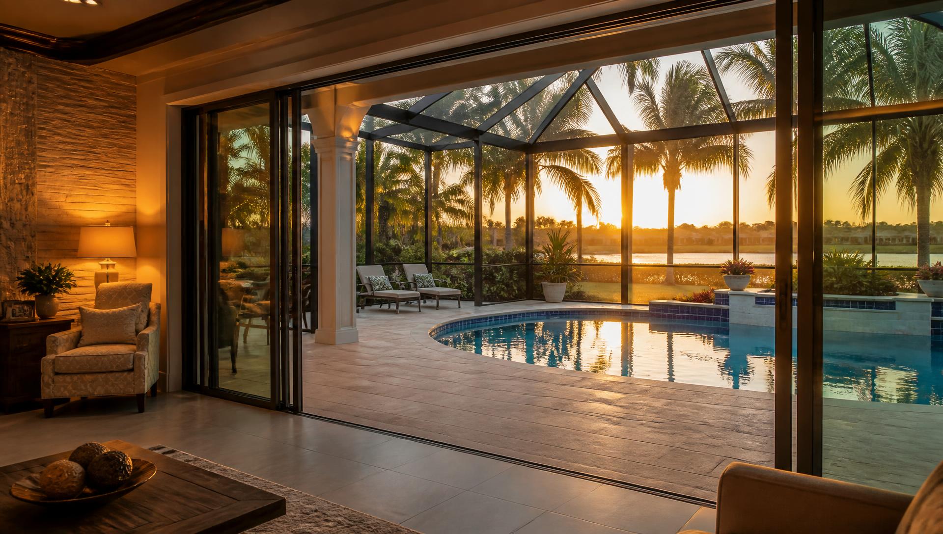 Sliding glass doors opening onto a Florida pool lanai at sunset