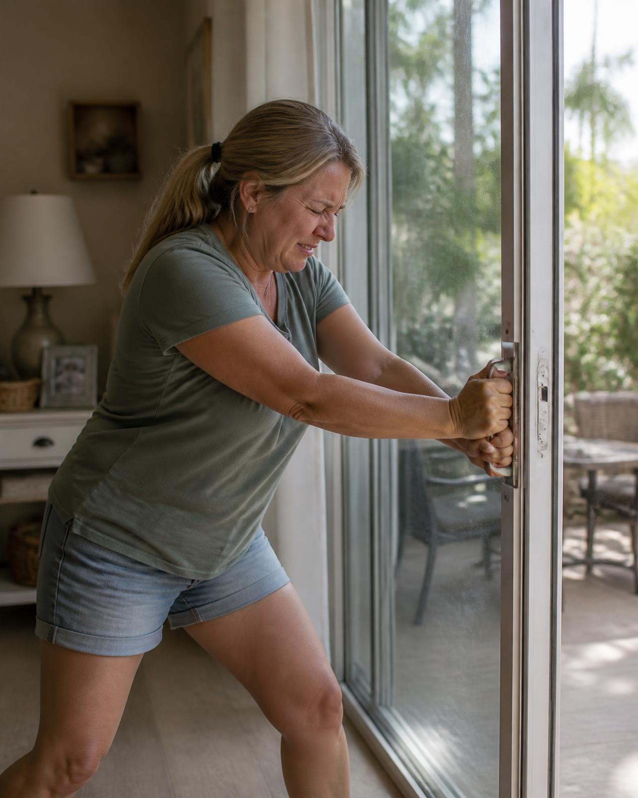 Homeowner straining to push open a heavy sliding glass patio door