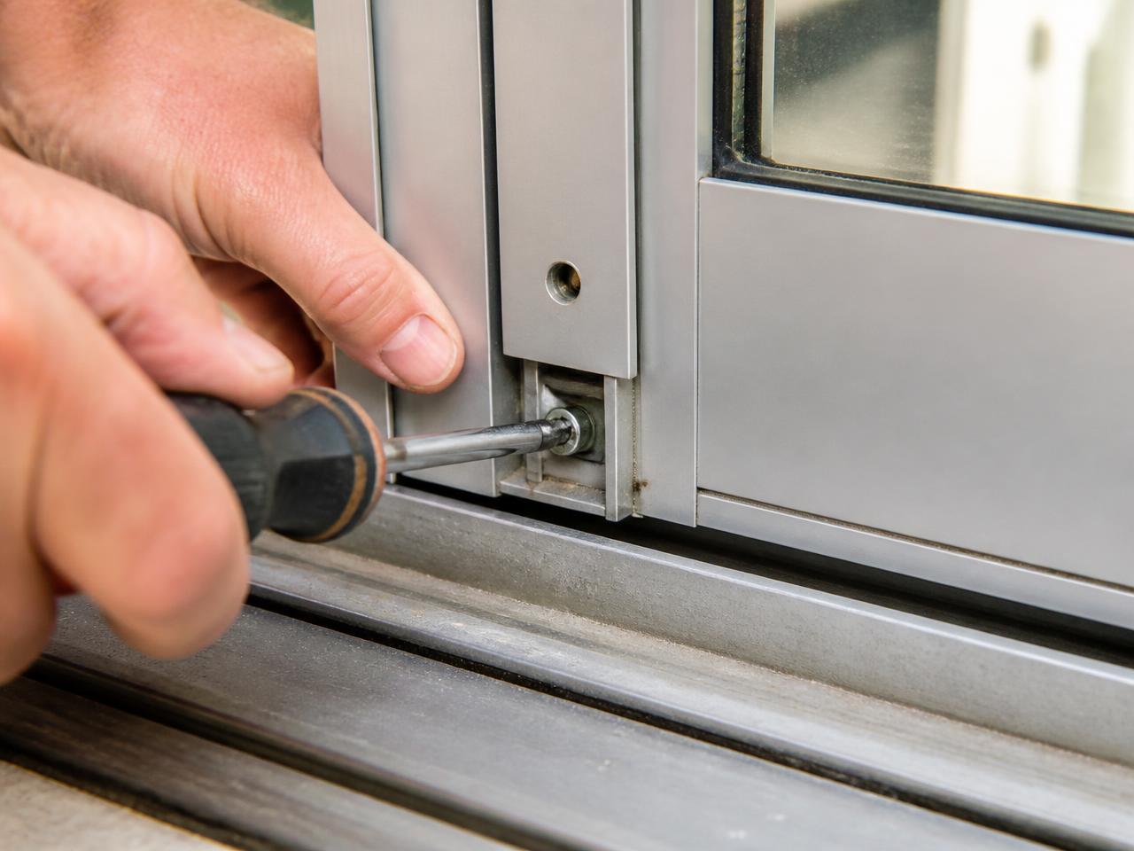 Technician adjusting the roller screw on a sliding glass door frame
