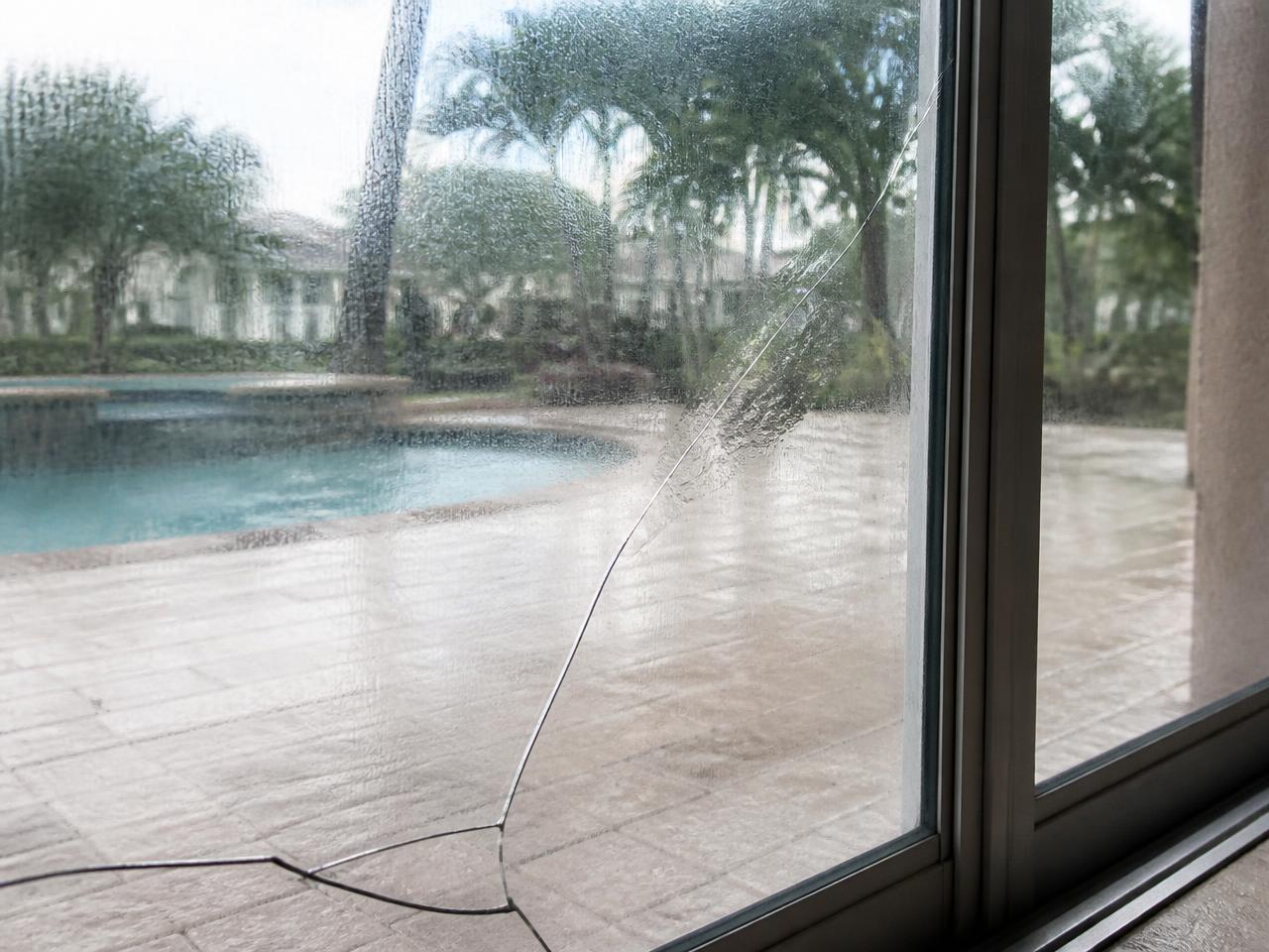 Cracked sliding glass door pane overlooking a Florida pool deck