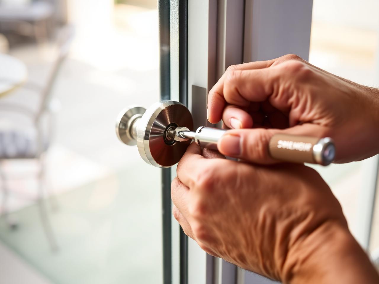 Hands installing a new brushed nickel sliding door handle set
