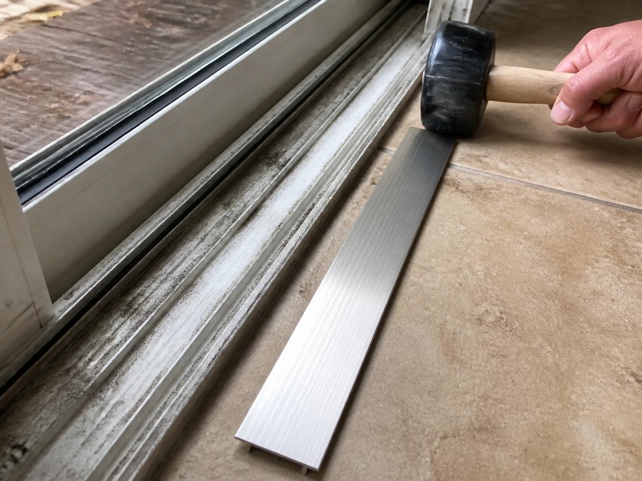 Damaged sliding door track with a new stainless track cap ready to install